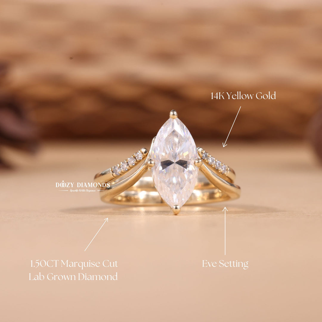 2.0CT Marquise Cut EF-VS2 Lab Grown Eve Diamond Ring with Curved Wedding Band