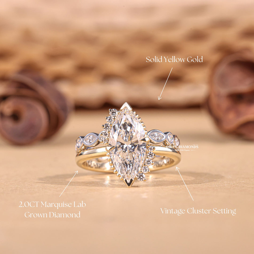 2.0CT Marquise Cut EF-VS1 Lab Grown Vintage Engagement Ring with Bezel Wedding Band