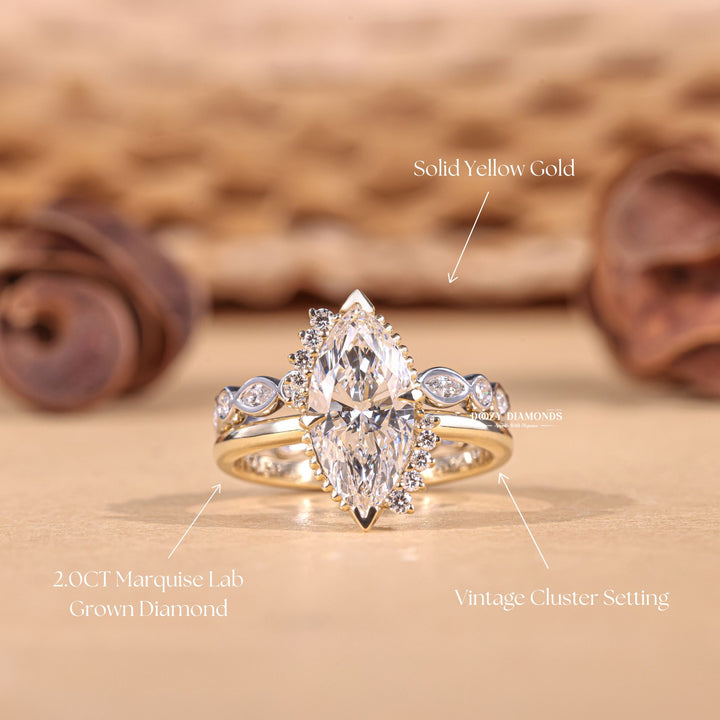 2.0CT Marquise Cut EF-VS1 Lab Grown Vintage Engagement Ring with Bezel Wedding Band