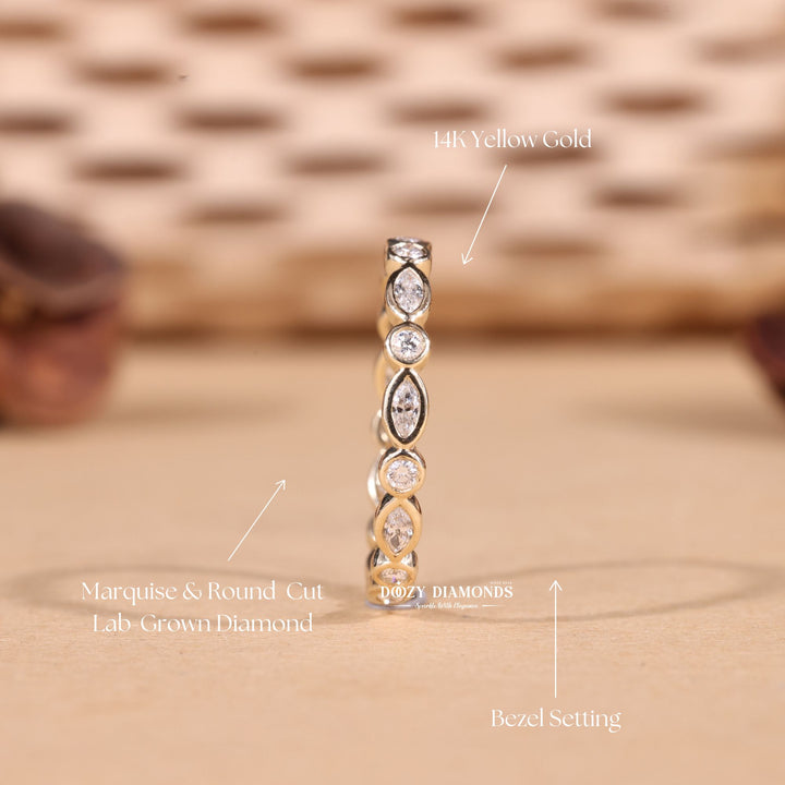 Round & Marquise Cut Lab Grown Diamond EF/VVS Bezel Set Wedding Band