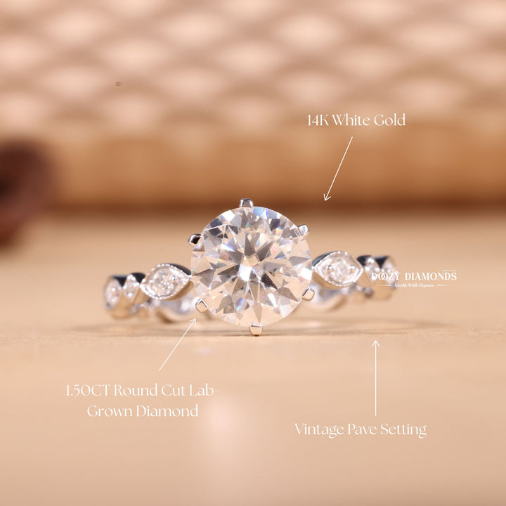 2.0CT-3.0CT Round E/VS1 Lab Grown Diamond Vintage Pave Engagement Ring