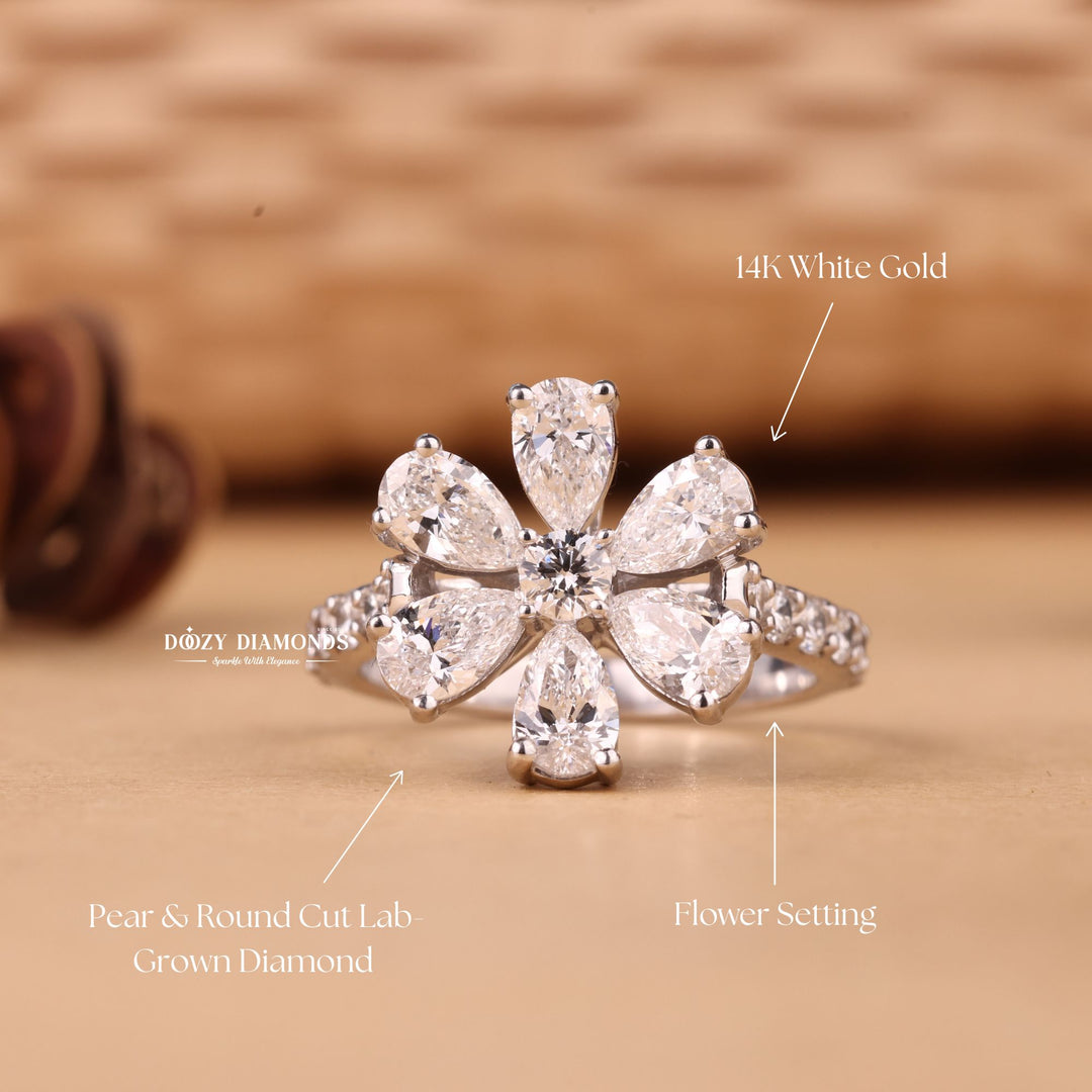 Round & Pear Cut E/VS1 Lab Grown Diamond Flower Engagement Ring