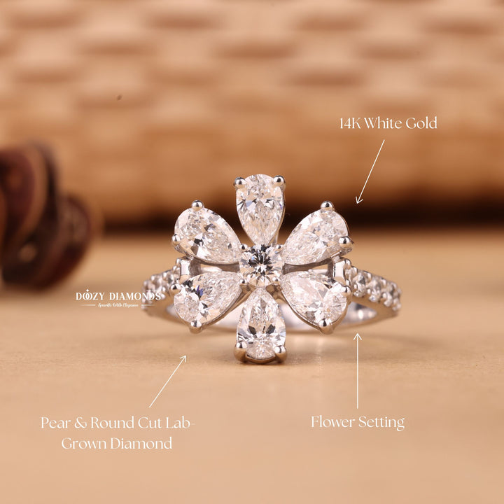 Round & Pear Cut E/VS1 Lab Grown Diamond Flower Engagement Ring