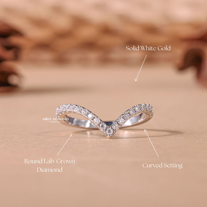 Round Lab Grown Diamond Wedding Band, V Shaped Chevron Band
