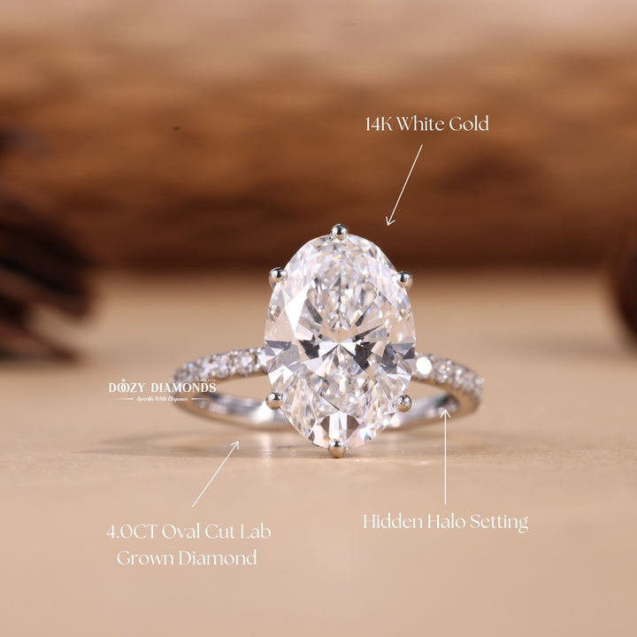 4.0CT-5.0CT Oval Cut E/VS2 Lab Grown Diamond Hidden Halo Engagement Ring