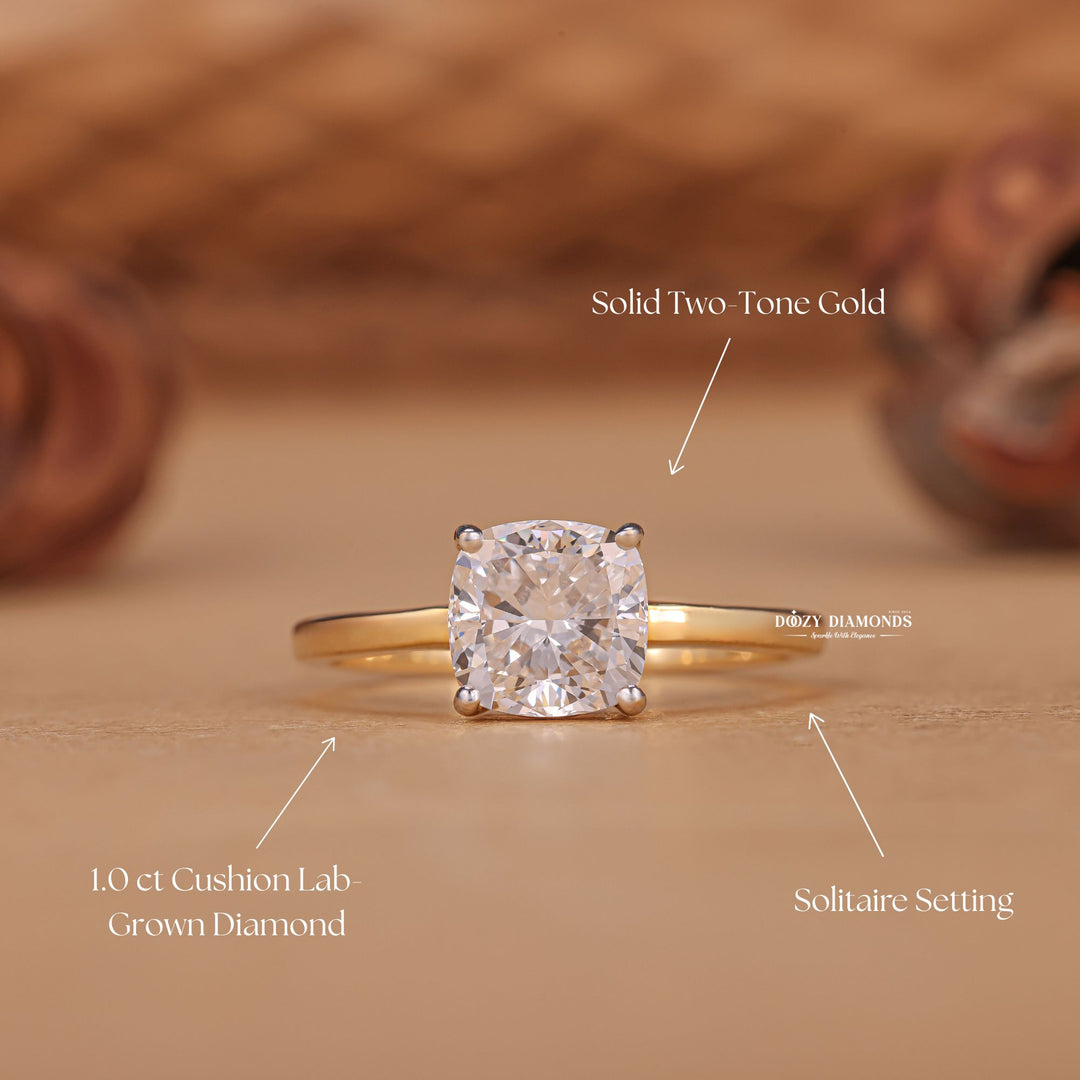 1.0CT Cushion F/VS2 Lab Grown Solitaire Diamond Yellow Gold Engagement Ring