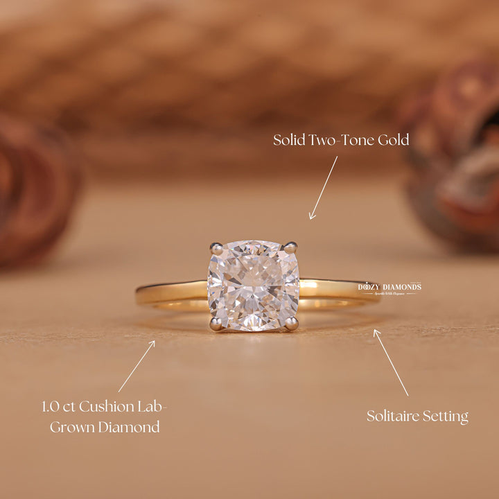 1.0CT Cushion F/VS2 Lab Grown Solitaire Diamond Yellow Gold Engagement Ring