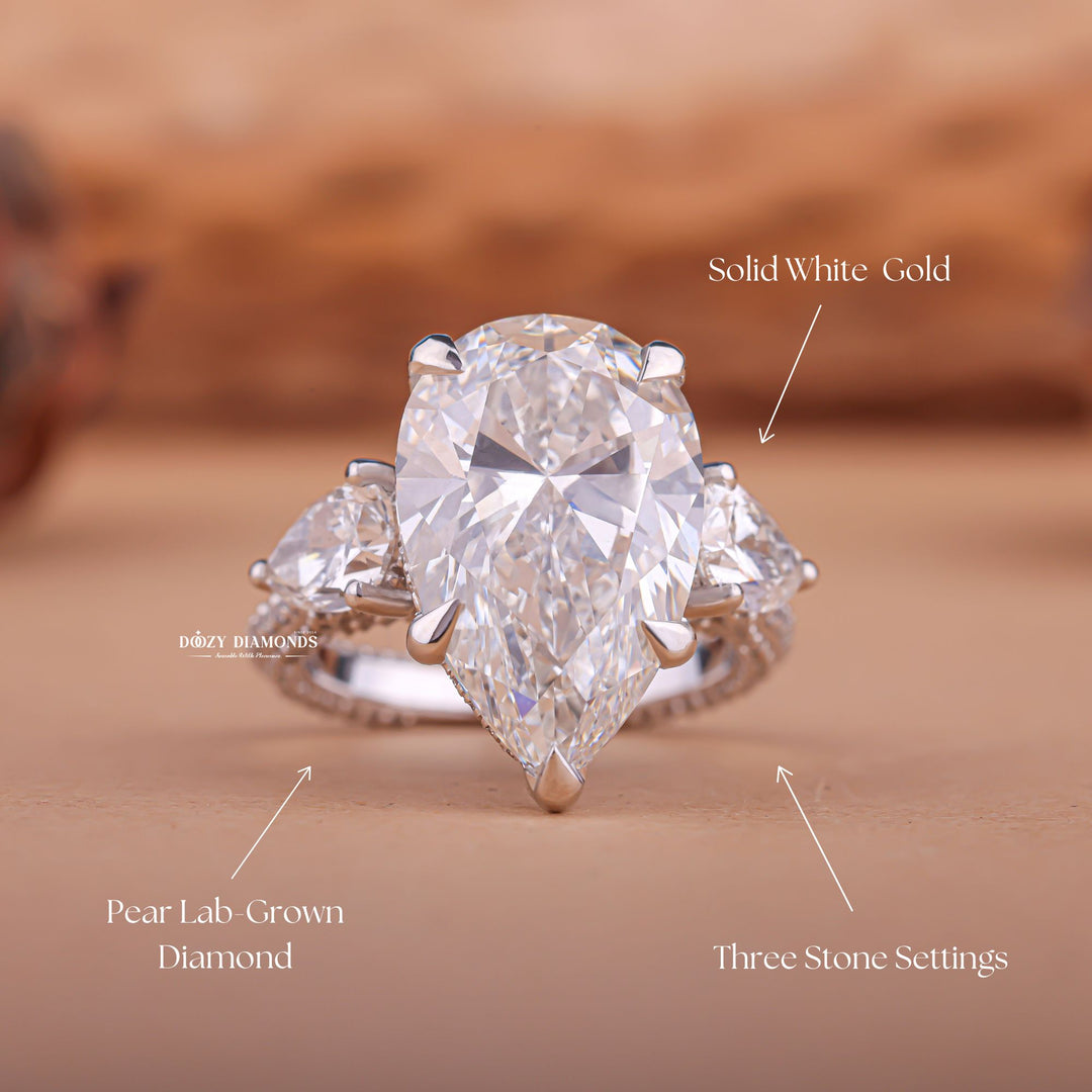 4.0ct-6.0CT Pear E/F Color Diamond Lab Grown Three Stone Engagement Ring