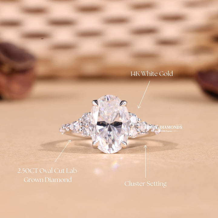 3.0CT-4.0CT Oval Cut F/VS1 Lab Grown Cluster Diamond Engagement Ring