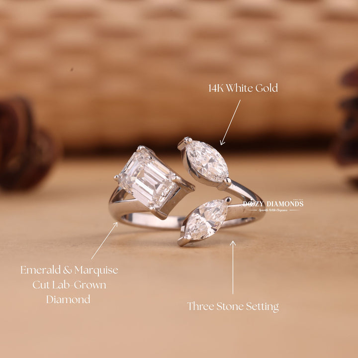 Marquise & Emerald Cut E/VS2 Lab Grown Three Stone Diamond Engagement Ring