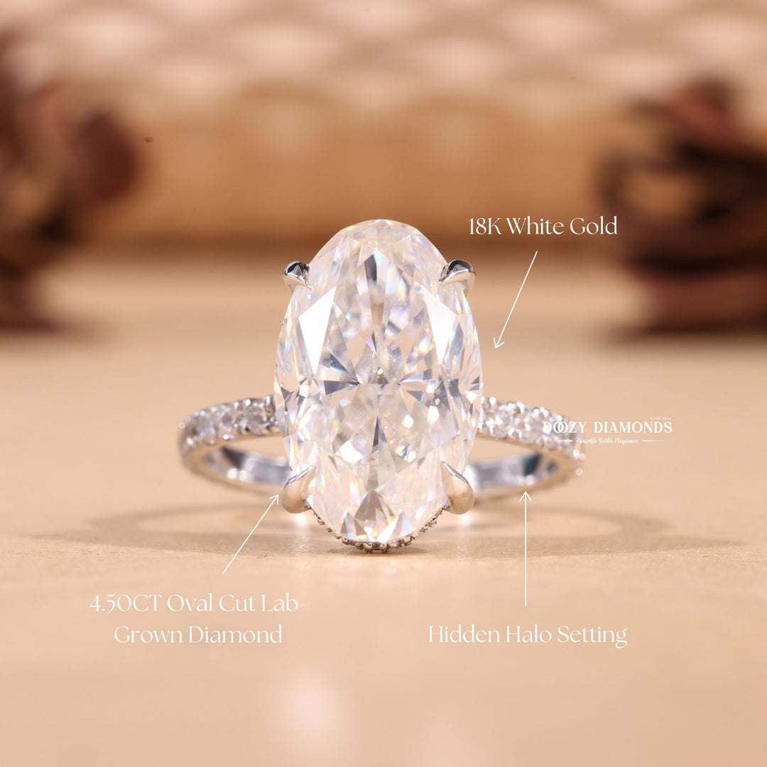 4.0CT-6.0CT Elongated Oval E/VS2 Lab Grown Diamond Hidden Halo Engagement Ring