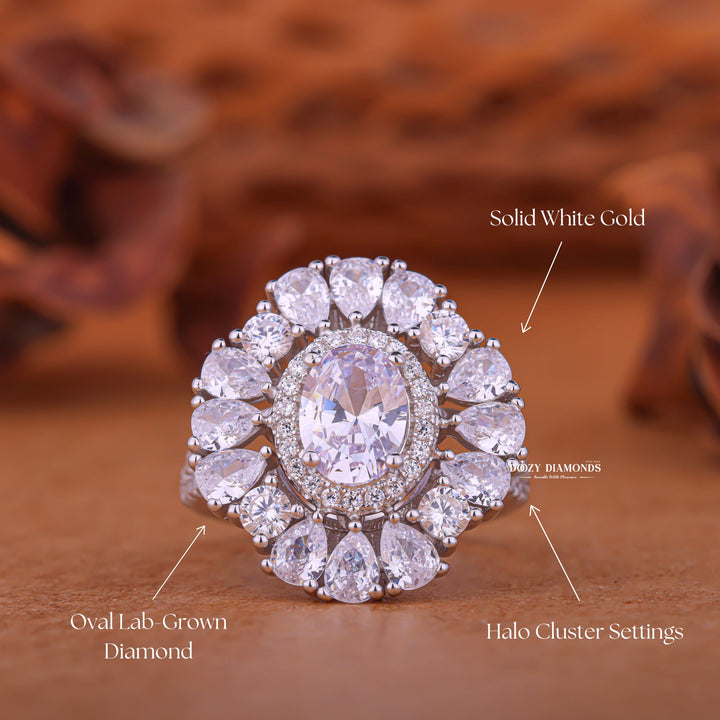 1.0CT-2.0CT Oval Halo Cluster F/VS1 Lab Grown Diamond Engagement Ring