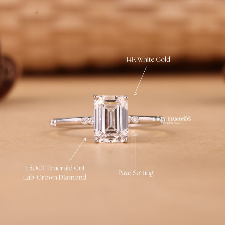 1.50CT-2.50CT Emerald Cut E/VS1 Lab Grown Diamond Pave Engagement Ring