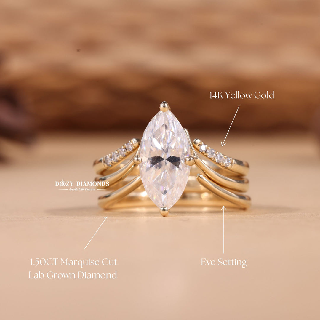 2.0CT Marquise Cut EF-VS2 Lab Grown Eve Diamond Ring with Curved Wedding Band or Plain Band