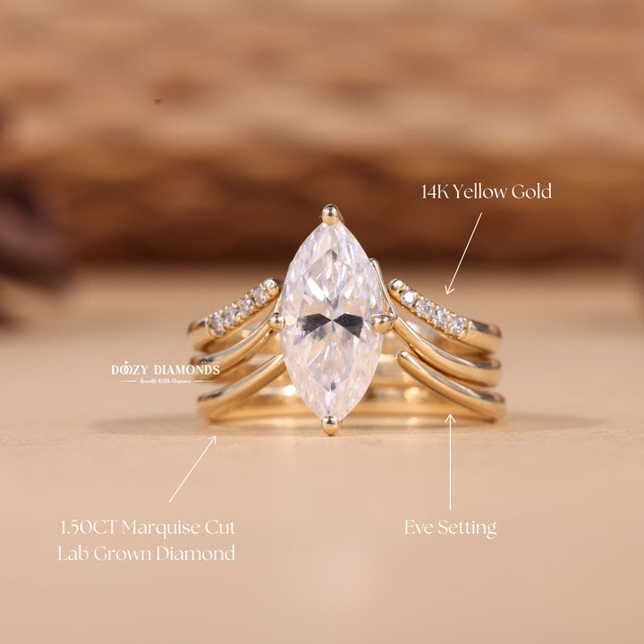 2.0CT Marquise Cut EF-VS2 Lab Grown Eve Diamond Ring with Curved Wedding Band or Plain Band