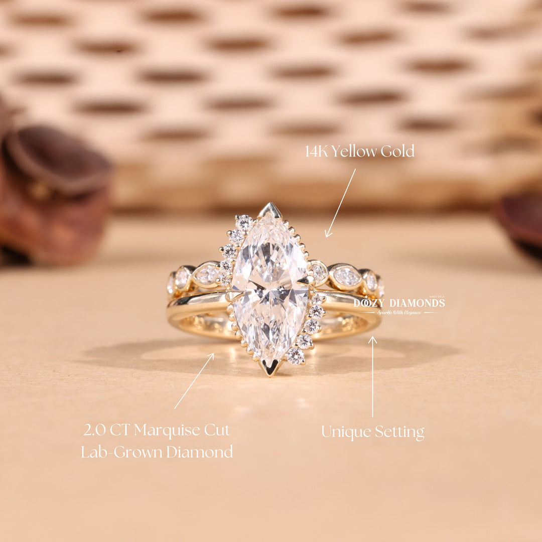 2.50CT Marquise Cut EF-VS2 Lab Grown Vintage Wedding Ring with Bezel Set Band
