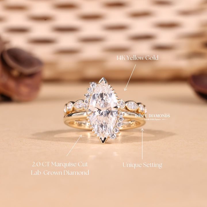 2.50CT Marquise Cut EF-VS2 Lab Grown Vintage Wedding Ring with Bezel Set Band