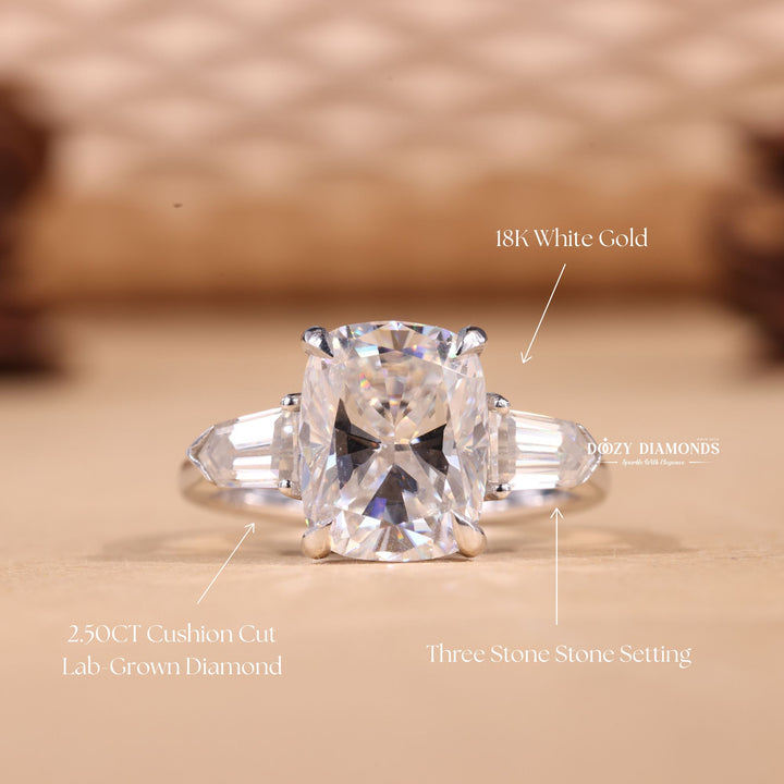 3.0CT-4.0CT Cushion E/VS1 Lab Grown Diamond Three Stone Engagement Ring