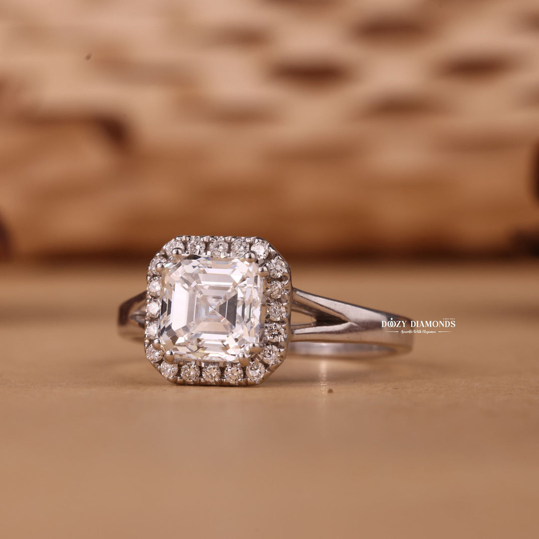 1.0CT-2.0CT Asscher Cut F/VS2 Lab Grown Diamond Halo Engagement Ring