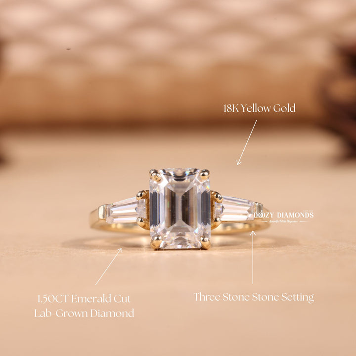 1.50CT-2.50CT Emerald Cut E/VS1 Three Stone Lab Grown Diamond Engagement Ring