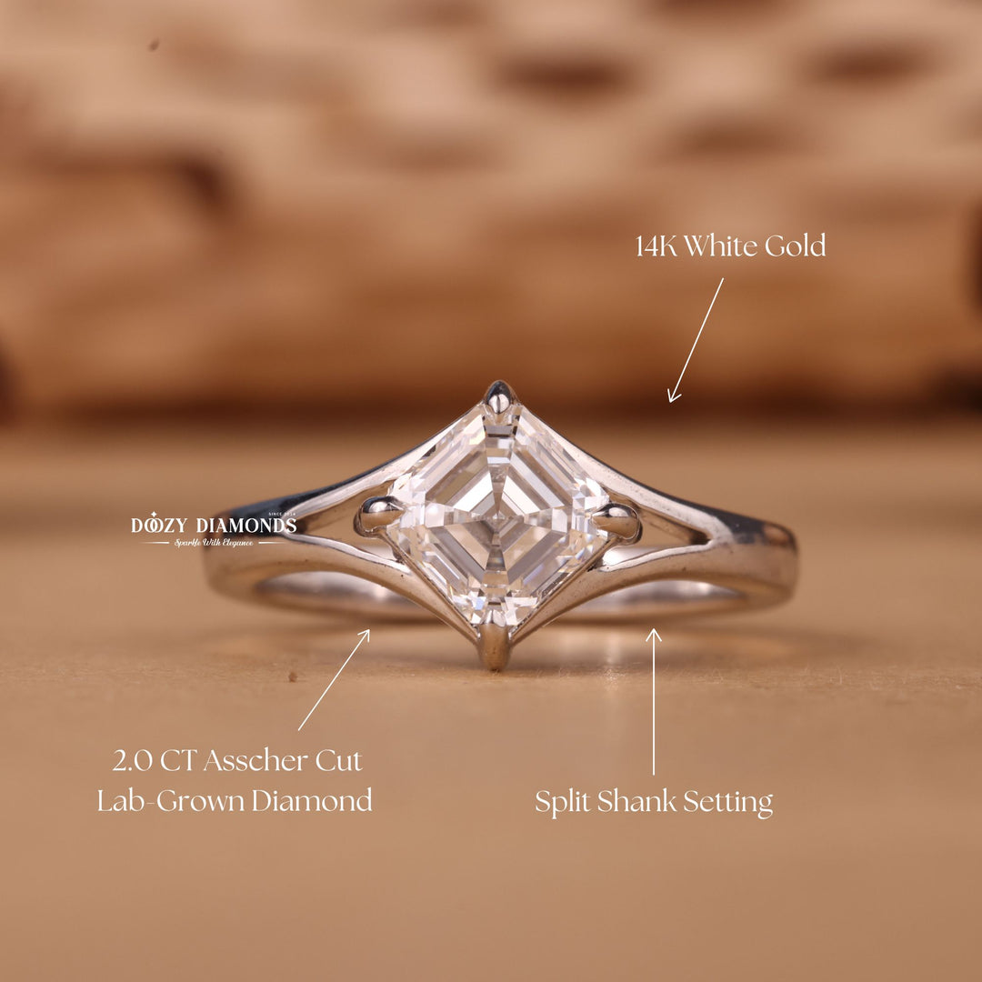 1.0CT-2.0CT Asscher Cut F/VS2 Lab Grown Diamond Split Shank Engagement Ring
