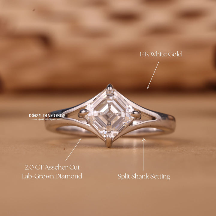 1.0CT-2.0CT Asscher Cut F/VS2 Lab Grown Diamond Split Shank Engagement Ring