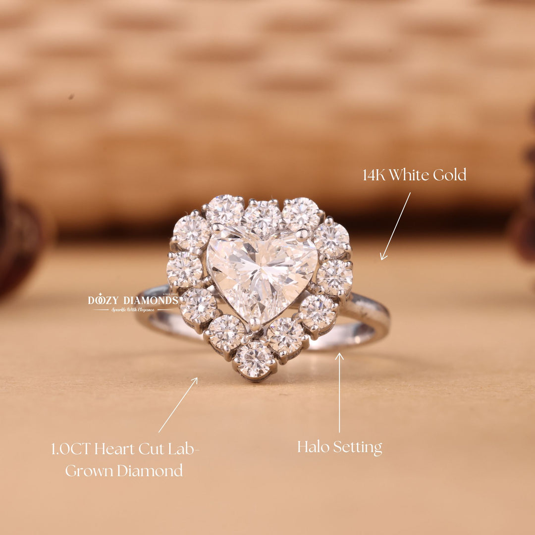 1.0CT-2.0CT Heart Cut E/VS1 Lab Grown Diamond Halo Engagement Ring