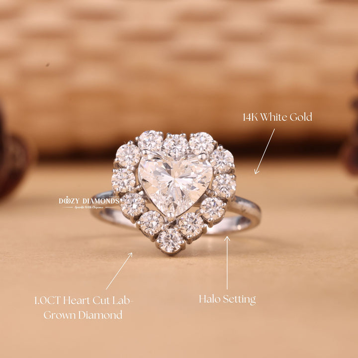 1.0CT-2.0CT Heart Cut E/VS1 Lab Grown Diamond Halo Engagement Ring