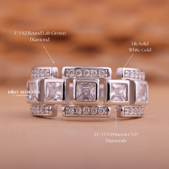 Princess & Round Diamond CVD EF/VVS Unique Brick Wedding Band