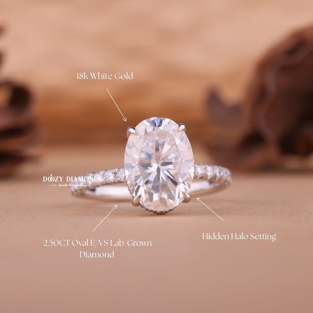 2.50CT-3.50CT Oval F/VS1 Lab Created Hidden Halo Diamond Engagement Ring