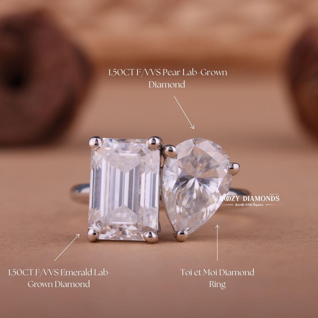 1.0CT-2.0CT Pear & Emerald F/VS1 Lab Grown Diamond Toi et Moi Engagement Ring