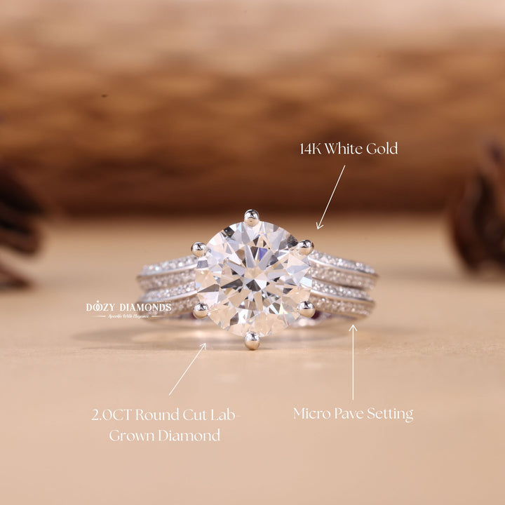 2.0CT Round Cut EF-VS2 Lab Grown Pave Engagement Ring with Stacking Curved Wedding Band