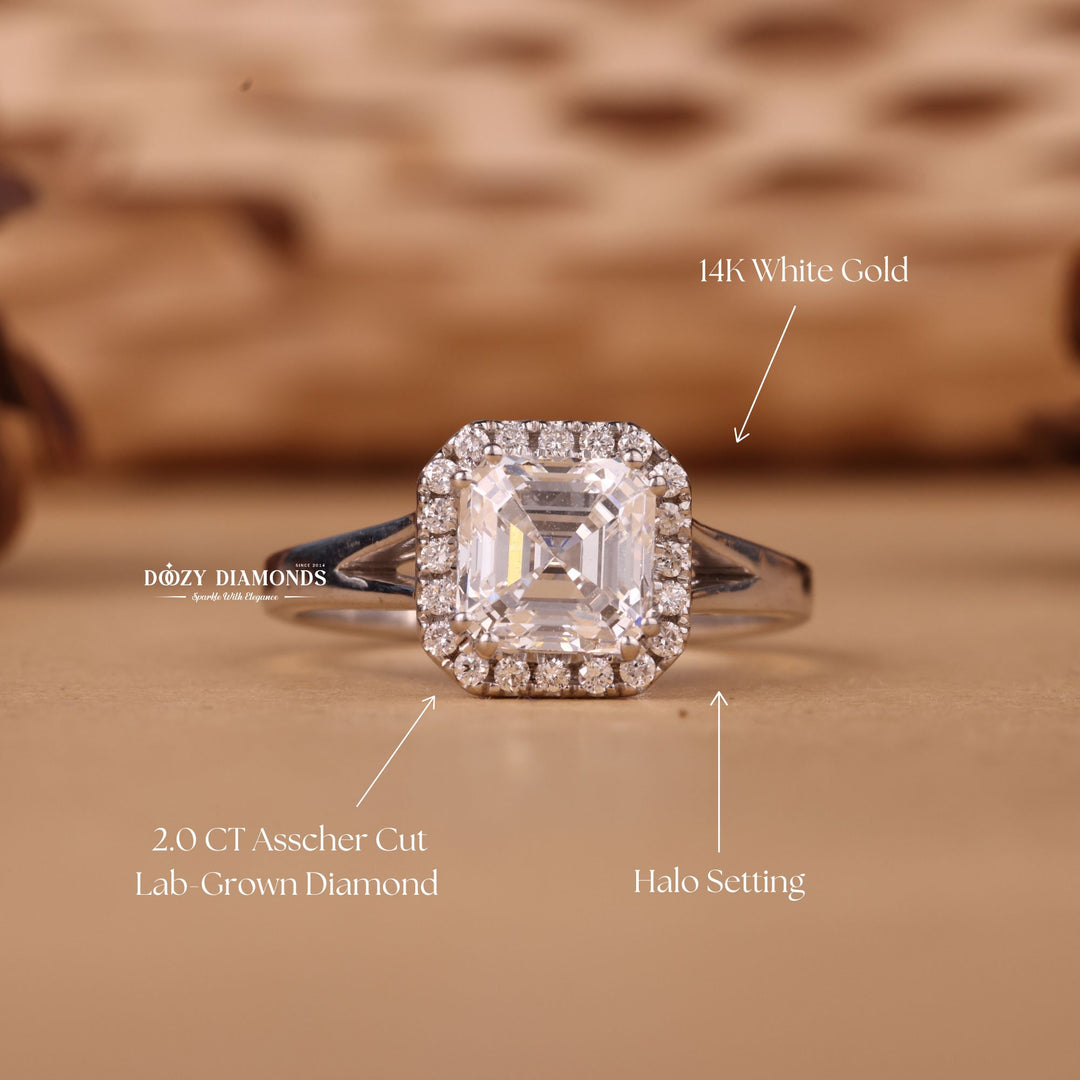 1.0CT-2.0CT Asscher Cut F/VS2 Lab Grown Diamond Halo Engagement Ring