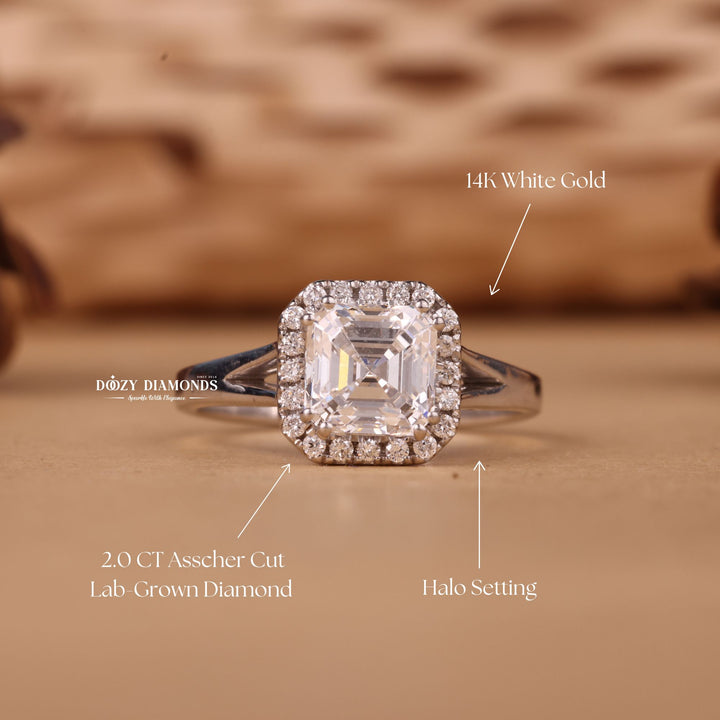 1.0CT-2.0CT Asscher Cut F/VS2 Lab Grown Diamond Halo Engagement Ring