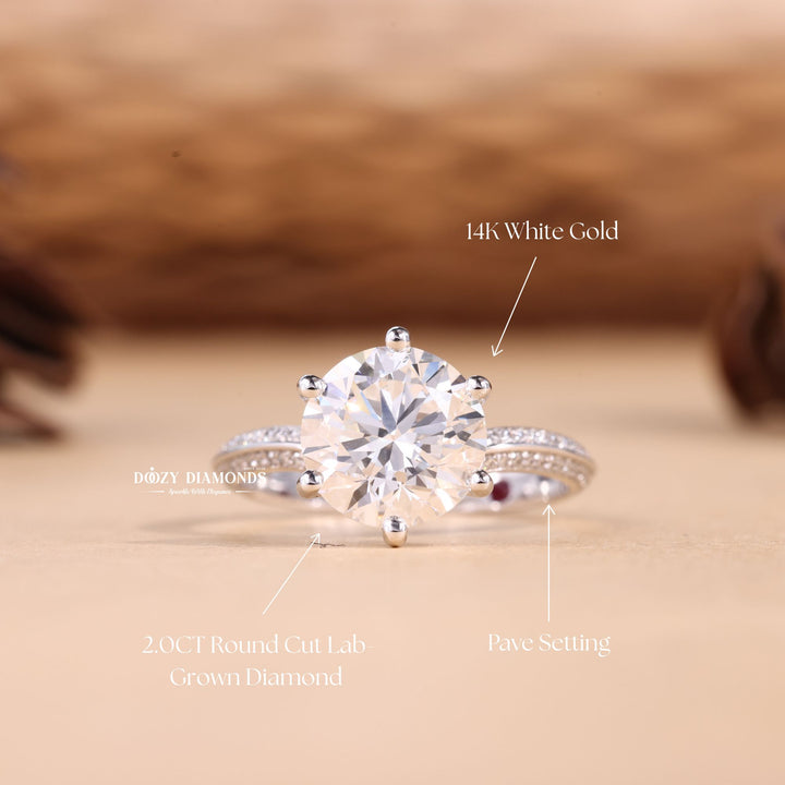 1.50CT-2.50CT Round Cut F/VS2 Lab Grown Diamond Micro Pave Engagement Ring