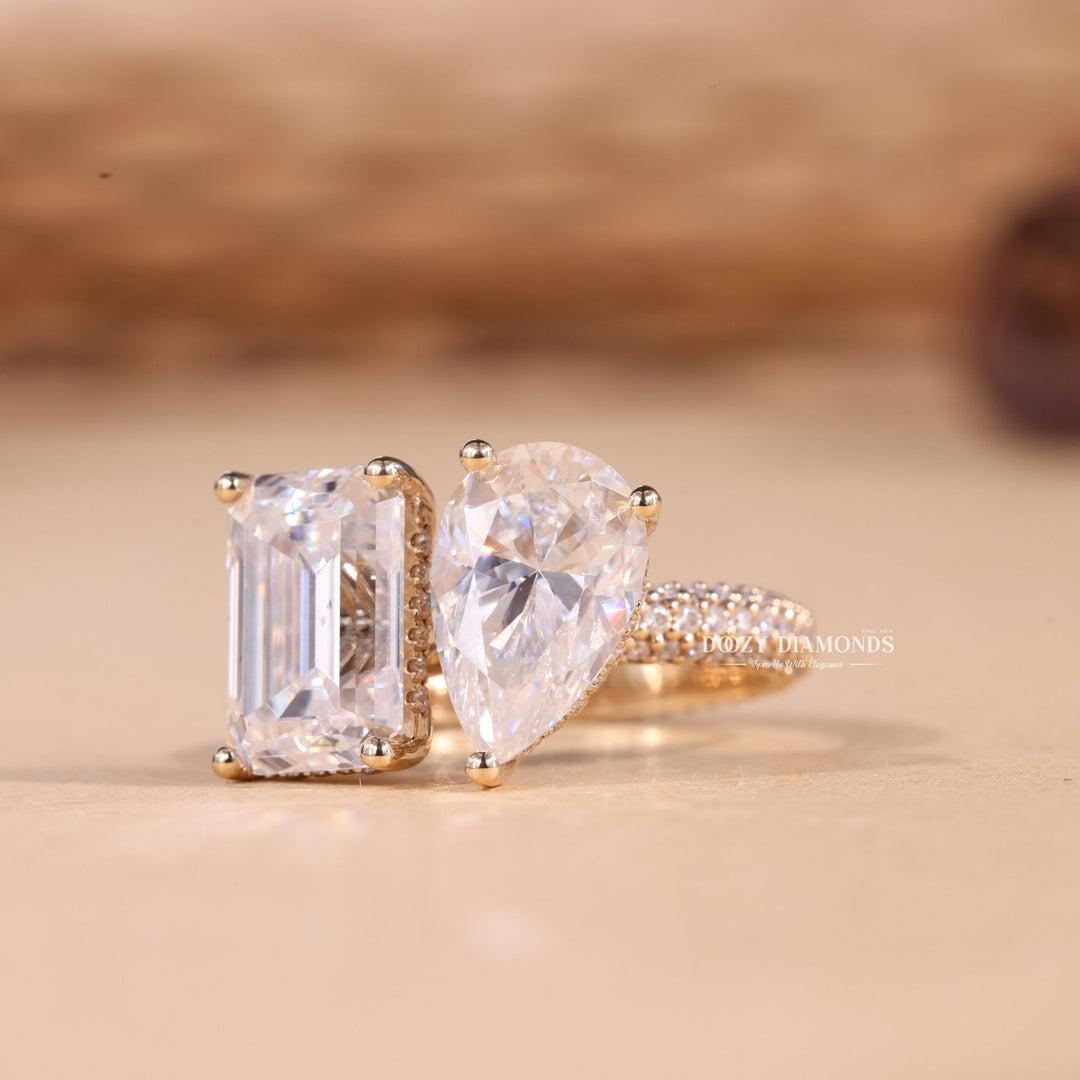 Pear & Emerald Cut Lab Grown Toi et Moi Diamond F/VS1 Micro Pave Engagement Ring