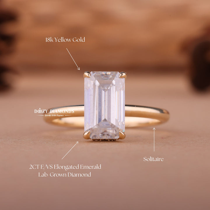 2.0CT-3.0CT Elongated Emerald F/VS1 Lab Grown Diamond Hidden Halo Engagement Ring