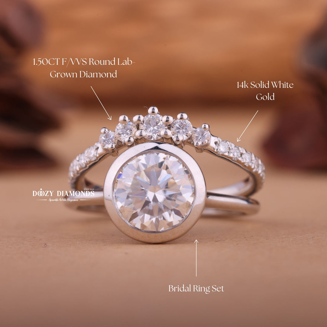 1.50CT Round F-VS Lab Grown Bezel Wedding Ring with Curved Diamond Band