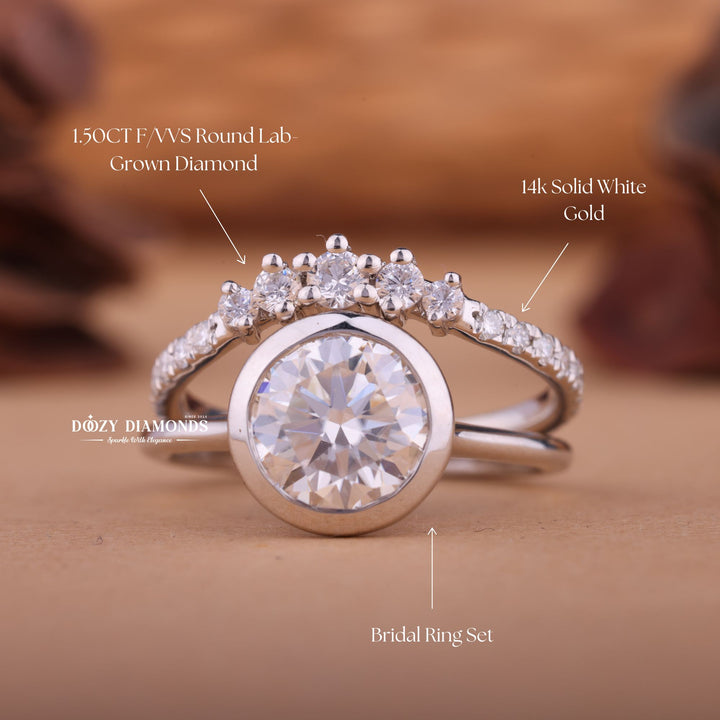 1.50CT Round F-VS Lab Grown Bezel Wedding Ring with Curved Diamond Band