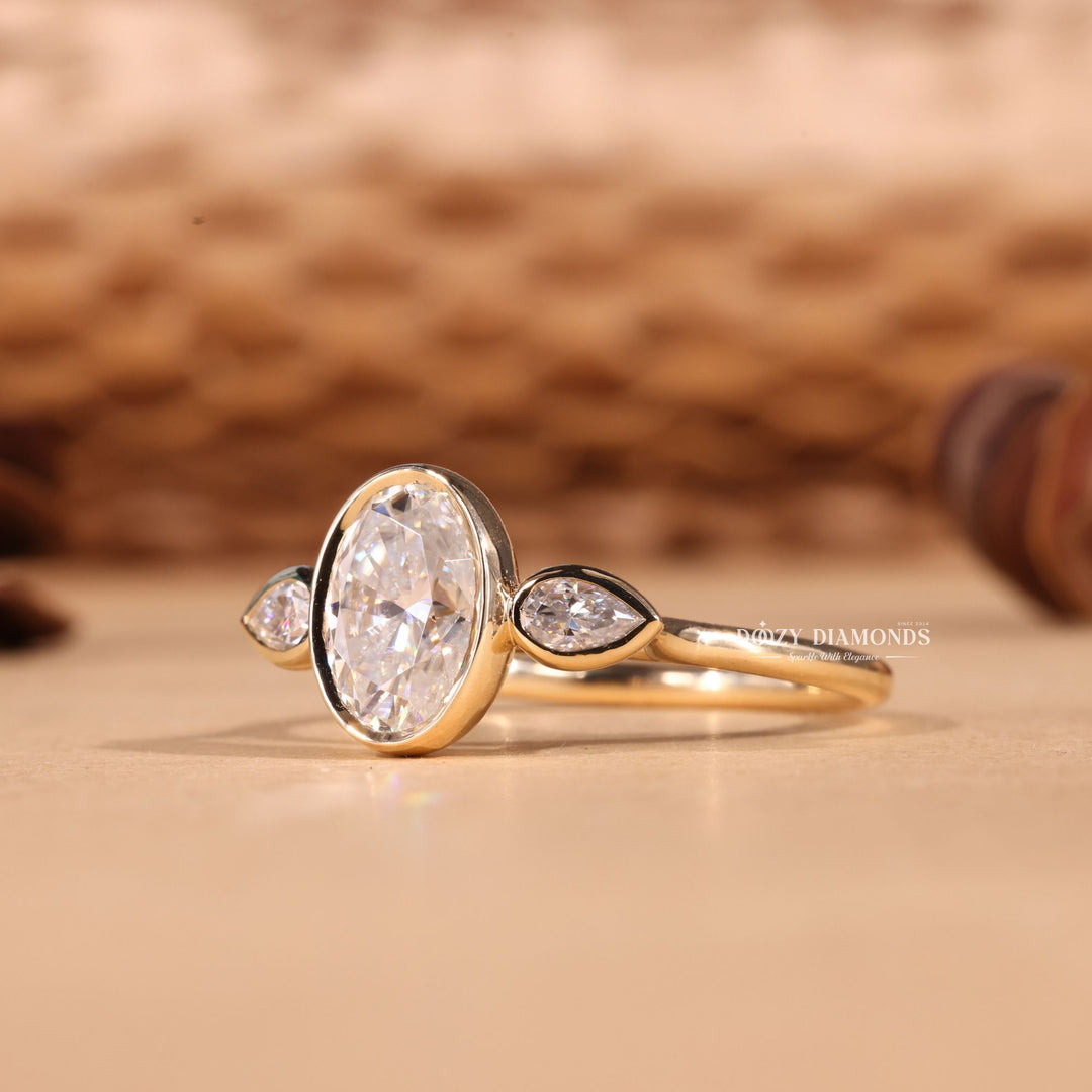 3.0CT-4.0CT Bezel Set Oval Cut F/VS1 Lab Grown Diamond Trilogy Engagement Ring