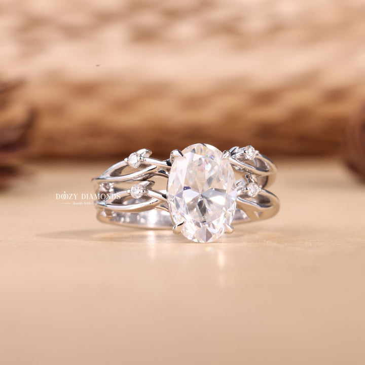 2.50CT Oval Cut EF-VS2 Lab Grown Twig Engagement Ring with Stacking Wedding Band