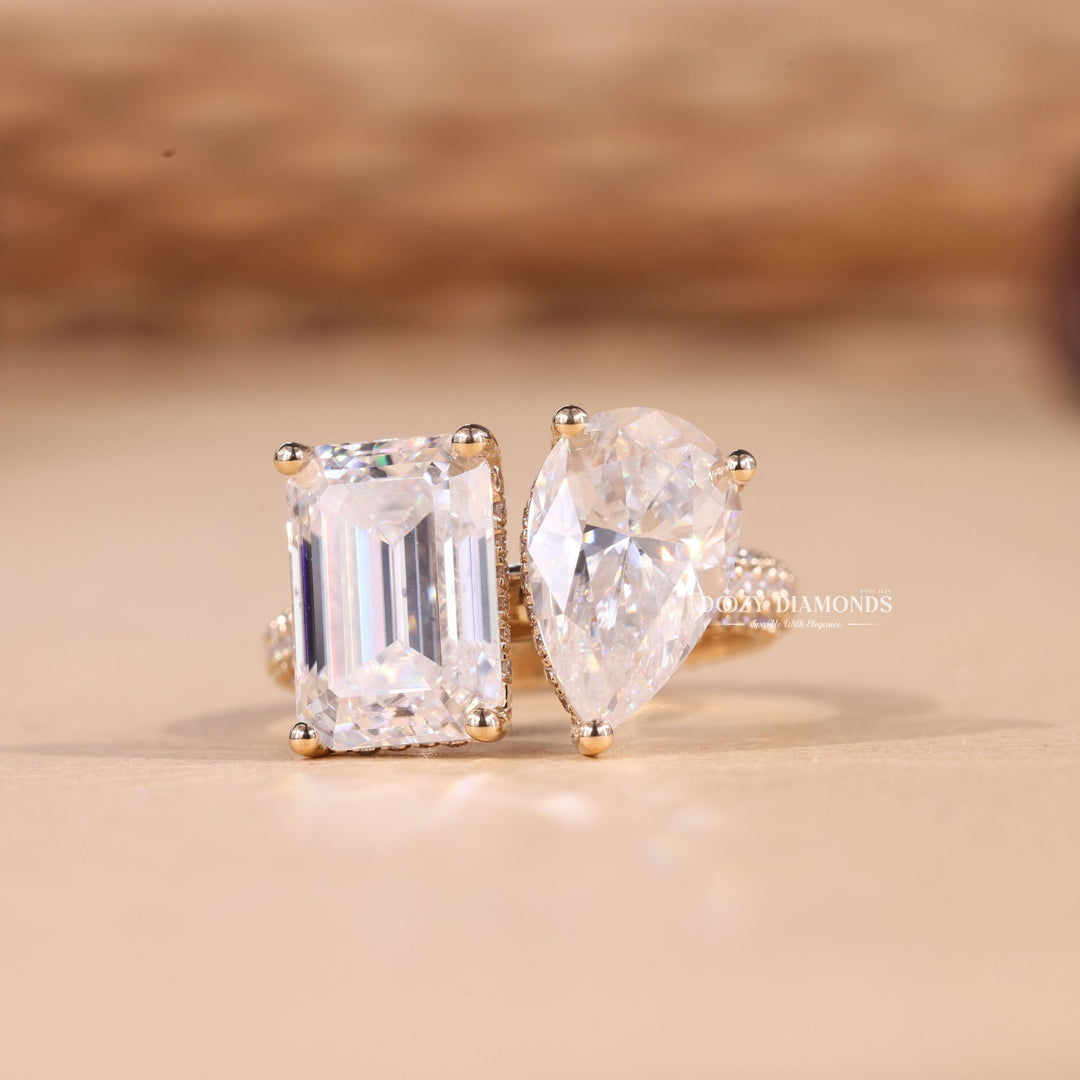 Pear & Emerald Cut Lab Grown Toi et Moi Diamond F/VS1 Micro Pave Engagement Ring