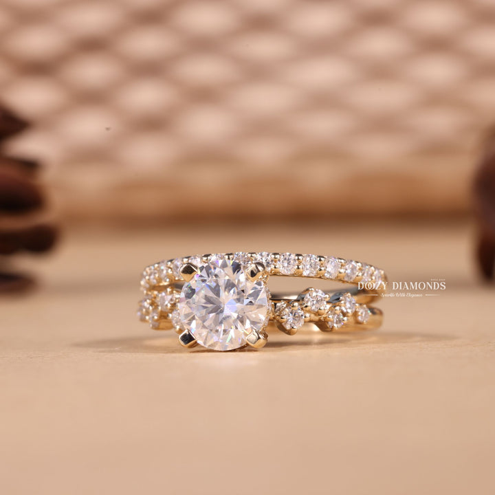 1.0CT Round Cut EF-VS2 Lab Grown Cluster Engagement Ring with Stacking Band