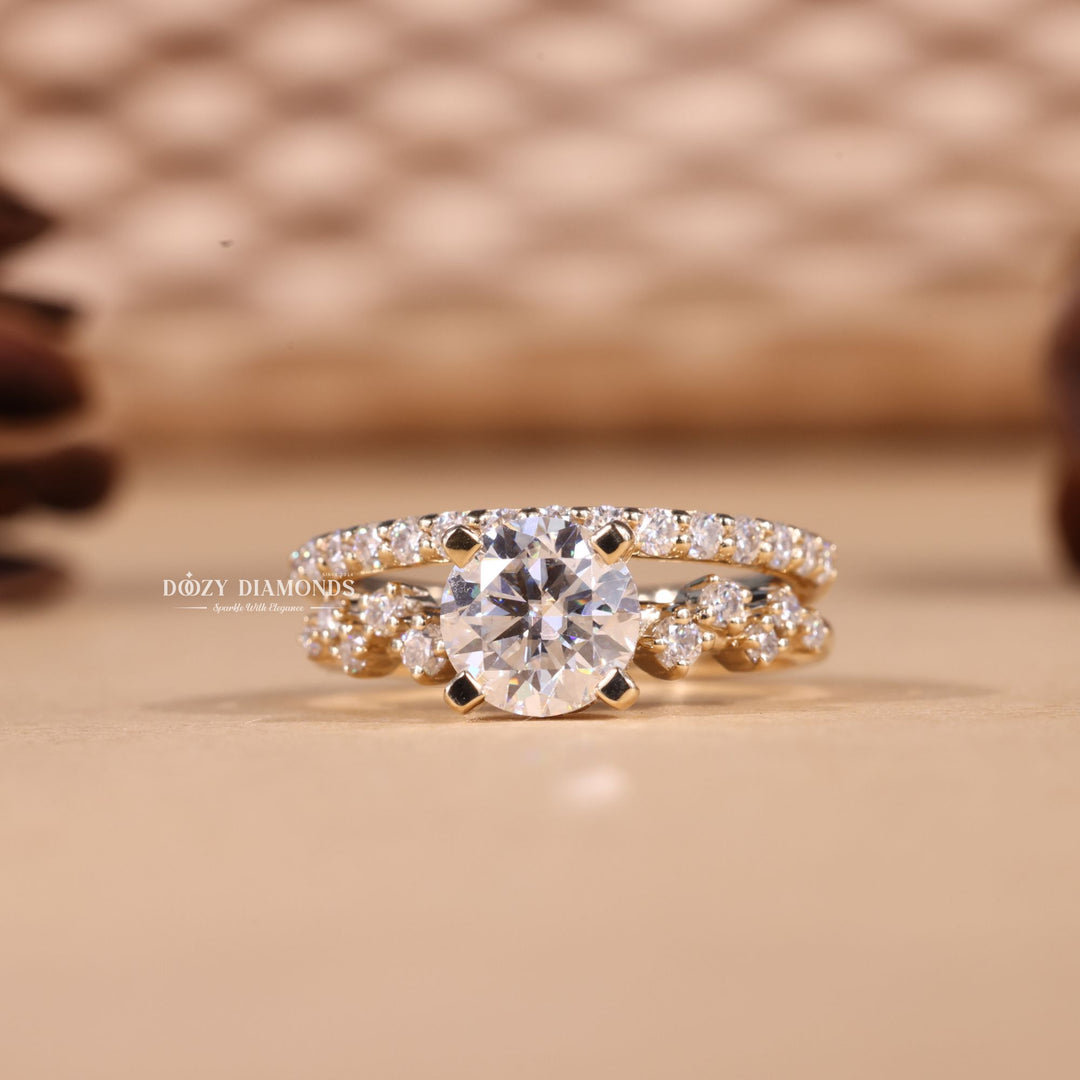 1.0CT Round Cut EF-VS2 Lab Grown Cluster Engagement Ring with Stacking Band