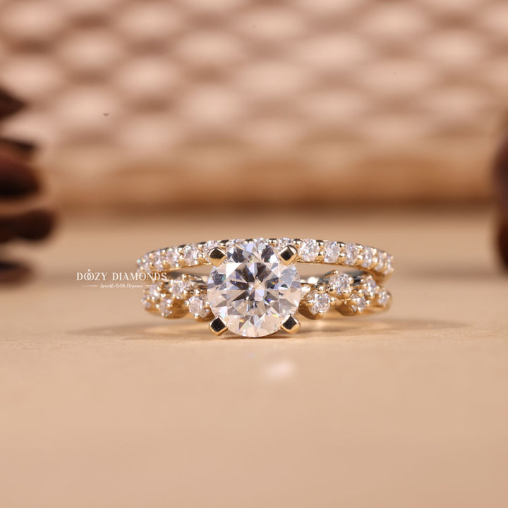 1.0CT Round Cut EF-VS2 Lab Grown Cluster Engagement Ring with Stacking Band