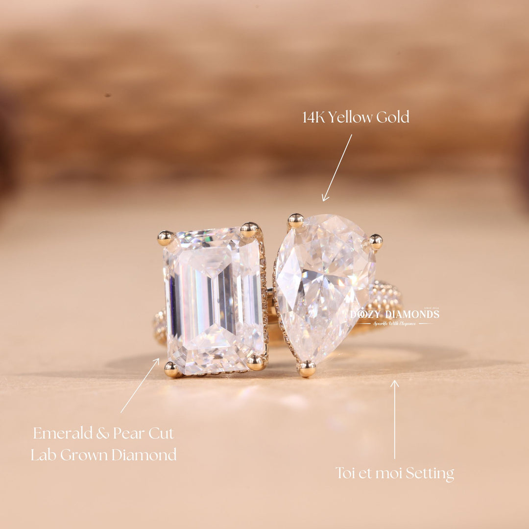 Pear & Emerald Cut Lab Grown Toi et Moi Diamond F/VS1 Micro Pave Engagement Ring