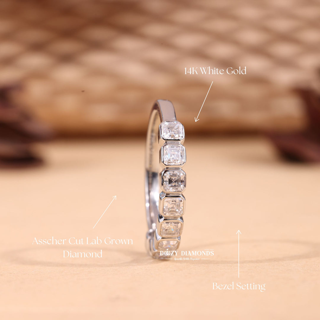 Asscher Cut Lab Grown Diamond EF/VVS Bezel Set Half Eternity Wedding Band