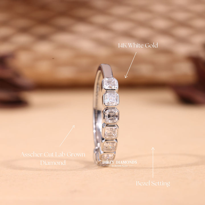 Asscher Cut Lab Grown Diamond EF/VVS Bezel Set Half Eternity Wedding Band