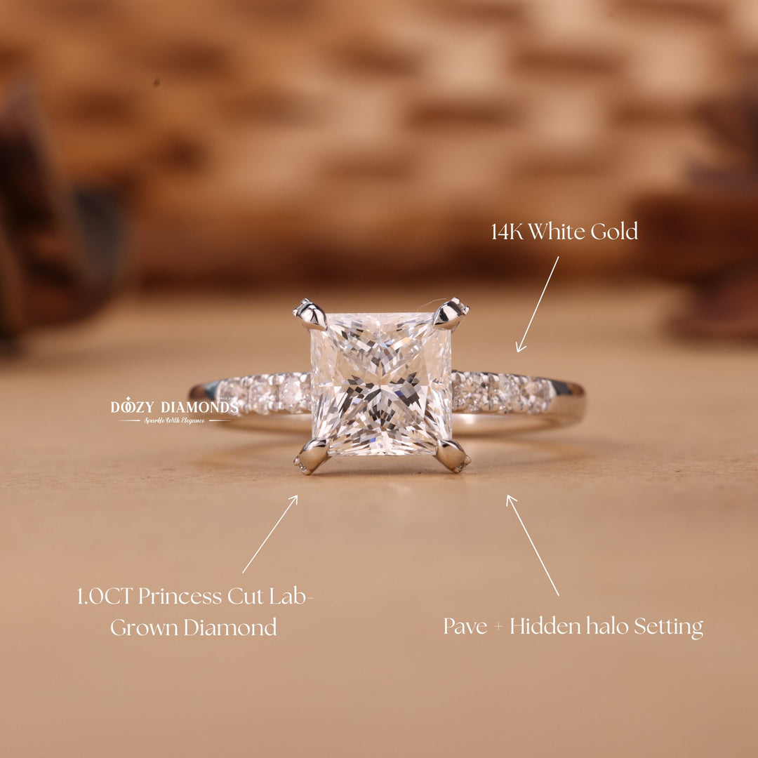 1.0CT-2.0CT Princess Cut F/VS1 Lab Grown Hidden Halo Diamond Engagement Ring