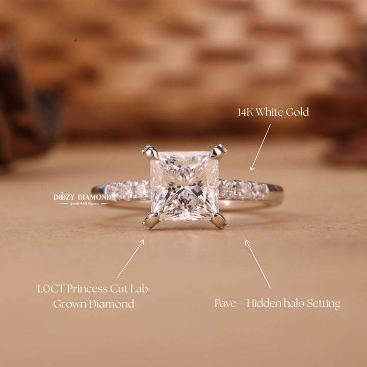 1.0CT-2.0CT Princess Cut F/VS1 Lab Grown Hidden Halo Diamond Engagement Ring